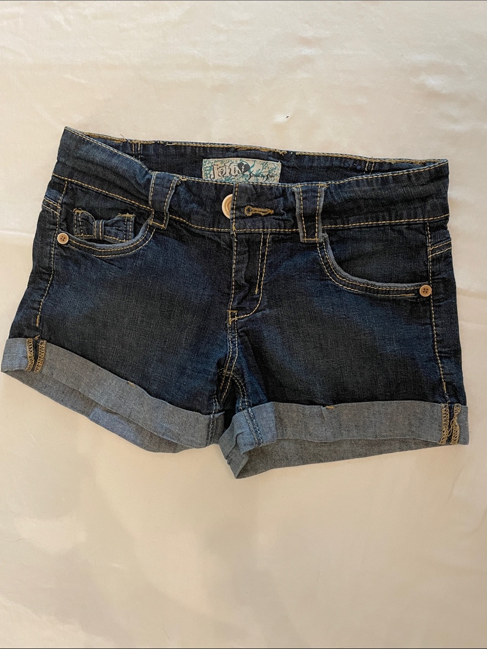 Jolt Dark Blue Denim Shorts with Tan Button and contrast stitching